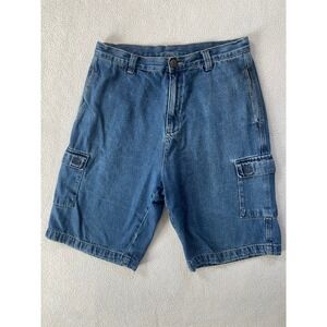 Burnside Mens 32 Denim Cargo Shorts Blue Medium Wash Utility Multi Pocket Jorts